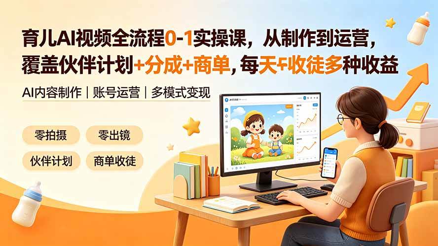 育儿AI视频全流程0-1实操课:覆盖伙伴计划+分成+商单+收徒多种收益,每天500+收益-AI创作学习-提示词应用-短视频玩法野草AI资源学习网