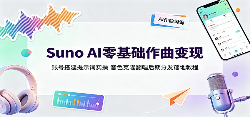 Suno AI零基础作曲变现:账号搭建提示词实操,音色克隆翻唱后期分发落地教程-AI创作学习-提示词应用-短视频玩法野草AI资源学习网