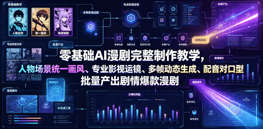 零基础AI漫剧完整制作教学,人物场景统一画风、专业影视运镜、多帧动态生成、配音对口型,批量产出剧情爆款漫剧-AI创作学习-提示词应用-短视频玩法野草AI资源学习网