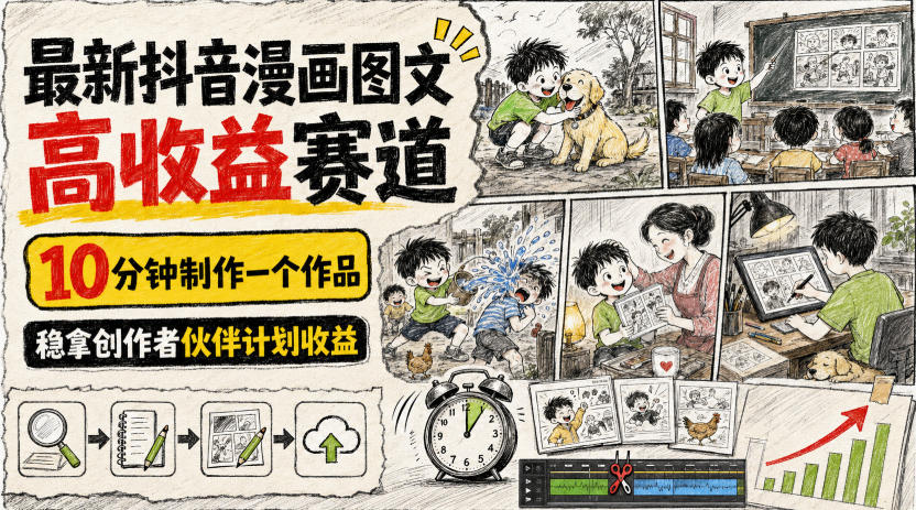 抖音漫画图文:高收益赛道,10分钟制作一个作品,稳拿创作者伙伴计划收益-AI学习-副业网赚项目-自媒体运营-AI创作提示词-短视频玩法-AI技能提升野草AI资源学习网