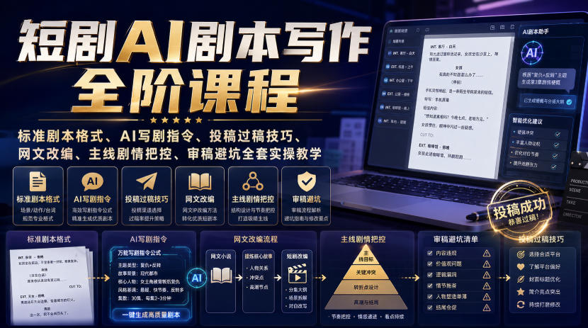 短剧AI剧本写作全阶课程|标准剧本格式、AI写剧指令、投稿过稿技巧、网文改编、主线剧情把控、审稿避坑全套实操教学-AI学习-副业网赚项目-自媒体运营-AI创作提示词-短视频玩法-AI技能提升野草AI资源学习网