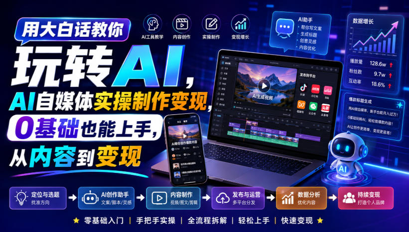 用大白话教你玩转AI,AI自媒体实操制作变现,0基础也能上手,从内容到变现-AI学习-副业网赚项目-自媒体运营-AI创作提示词-短视频玩法-AI技能提升野草AI资源学习网