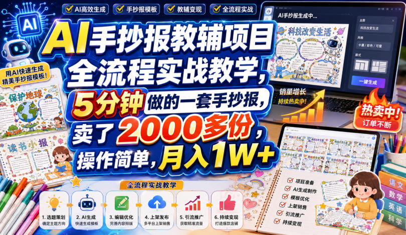 船长:AI手抄报教辅项目全流程实战教学,5分钟做的一套手抄报,卖了2000多份,月入1W+-AI学习-副业网赚项目-自媒体运营-AI创作提示词-短视频玩法-AI技能提升野草AI资源学习网