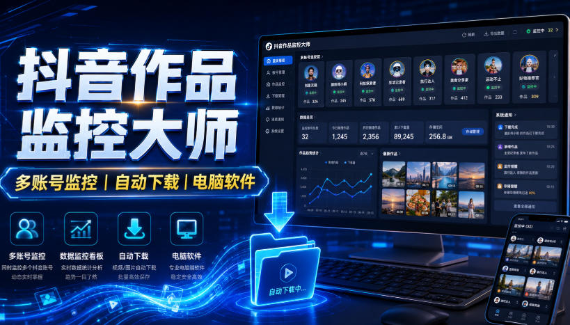 抖音作品监控大师，多账号监控丨自动下载丨电脑软件-AI学习-副业网赚项目-自媒体运营-AI创作提示词-短视频玩法-AI技能提升野草AI资源学习网