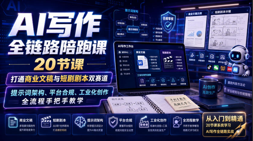 AI写作全链路陪跑课｜20节课打通商业文稿与短剧剧本双赛道，提示词架构、平台合规、工业化创作全流程手把手教学-AI学习-副业网赚项目-自媒体运营-AI创作提示词-短视频玩法-AI技能提升野草AI资源学习网
