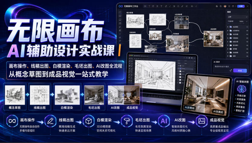 无限画布AI辅助设计实战课|画布操作、线稿出图、白模渲染、毛坯出图、AI改图全流程-AI学习-副业网赚项目-自媒体运营-AI创作提示词-短视频玩法-AI技能提升野草AI资源学习网