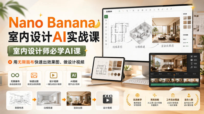 Nano Banana室内设计AI实战课,室内设计师必学AI课,用无限画布快速出效果图、做设计视频-AI学习-副业网赚项目-自媒体运营-AI创作提示词-短视频玩法-AI技能提升野草AI资源学习网