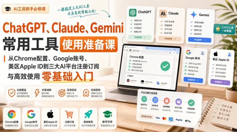 ChatGPT、Claude、Gemini常用工具使用准备课|从Chrome配置、Google账号、美区Apple ID到三大AI平台注册订阅与高效使用零基础入门-AI学习-副业网赚项目-自媒体运营-AI创作提示词-短视频玩法-AI技能提升野草AI资源学习网