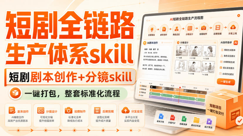 短剧全链路生产体系skill,短剧剧本创作+分镜skill,一键打包,整套标准化流程-AI学习-副业网赚项目-自媒体运营-AI创作提示词-短视频玩法-AI技能提升野草AI资源学习网