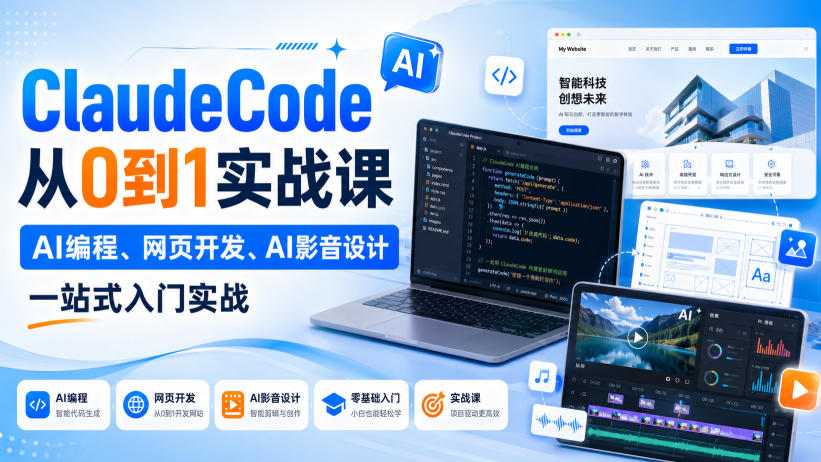 ClaudeCode从0到1实战课,AI编程、网页开发、AI影音设计一站式入门实战-AI学习-副业网赚项目-自媒体运营-AI创作提示词-短视频玩法-AI技能提升野草AI资源学习网