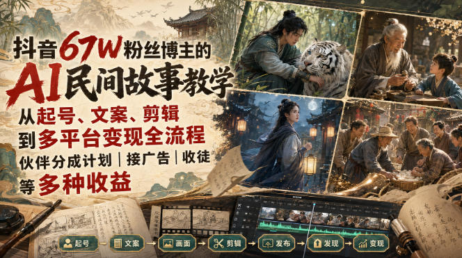 抖音67W粉丝博主:【AI民间故事】教学,从起号、文案、剪辑到多平台变现全流程,月入1W+-AI学习-副业网赚项目-自媒体运营-AI创作提示词-短视频玩法-AI技能提升野草AI资源学习网