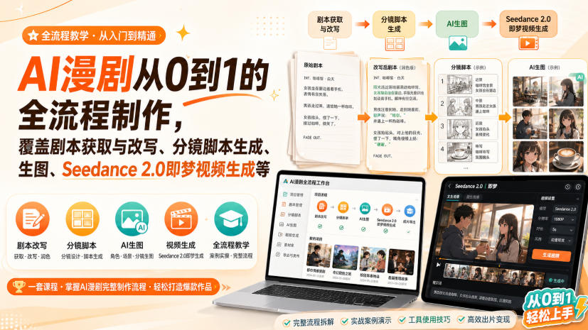 AI漫剧从0到1的全流程制作,覆盖剧本获取与改写、分镜脚本生成、角色场景生图与三视图、Seedance 2.0即梦视频生成(PDF版)-AI学习-副业网赚项目-自媒体运营-AI创作提示词-短视频玩法-AI技能提升野草AI资源学习网