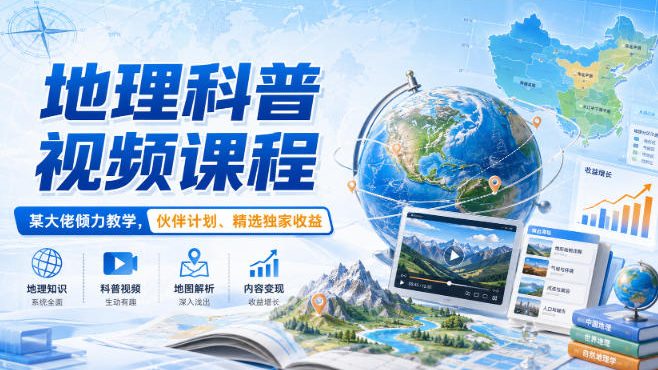 地理科普视频课程,某大佬倾力教学,伙伴计划、精选独家收益-AI学习-副业网赚项目-自媒体运营-AI创作提示词-短视频玩法-AI技能提升野草AI资源学习网