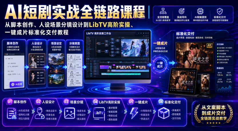 AI短剧实战课程|从脚本创作、人设场景分镜设计到LibTV高阶实操、一键成片标准化交付教程-AI学习-副业网赚项目-自媒体运营-AI创作提示词-短视频玩法-AI技能提升野草AI资源学习网