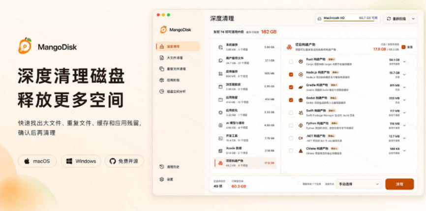 一键让磁盘更干净,开源免费清理工具MangoDisk-AI学习-副业网赚项目-自媒体运营-AI创作提示词-短视频玩法-AI技能提升野草AI资源学习网