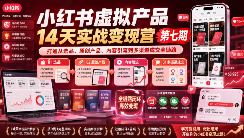 小红书虚拟产品14天实战变现营第七期,打通从选品、原创产品、内容引流到多渠道成交全链路-AI学习-副业网赚项目-自媒体运营-AI创作提示词-短视频玩法-AI技能提升野草AI资源学习网