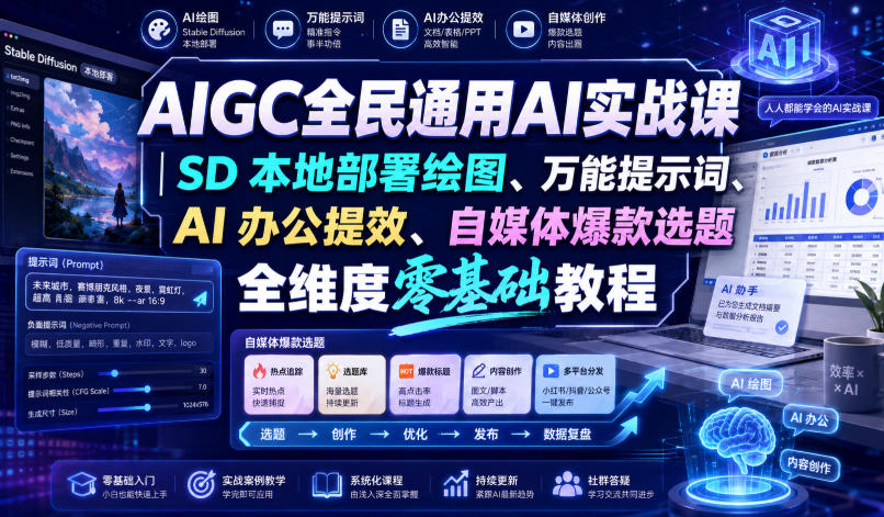 AIGC全民通用AI实战课|SD本地部署绘图、万能提示词、AI办公提效、自媒体爆款选题全维度零基础教程-AI学习-副业网赚项目-自媒体运营-AI创作提示词-短视频玩法-AI技能提升野草AI资源学习网