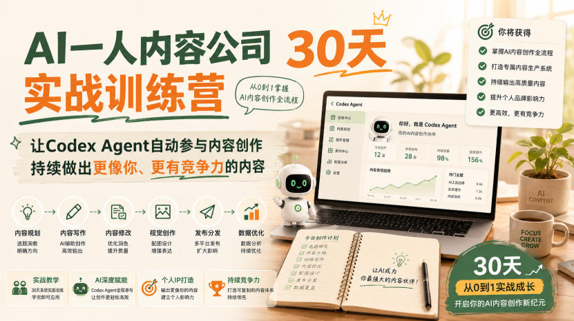 AI一人内容公司30天实战训练营，让Codex Agent自动参与内容创作持续做出更像你、更有竞争力的内容-AI学习-副业网赚项目-自媒体运营-AI创作提示词-短视频玩法-AI技能提升野草AI资源学习网