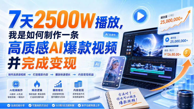 7天2500W播放,我是如何制作一条高质感AI爆款视频并完成变现-AI学习-副业网赚项目-自媒体运营-AI创作提示词-短视频玩法-AI技能提升野草AI资源学习网