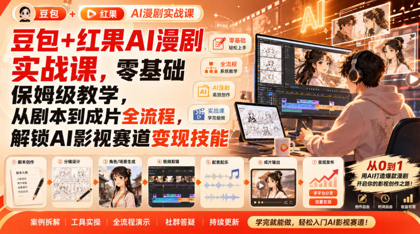 豆包+红果AI漫剧实战课,零基础保姆级教学,从剧本到成片全流程,解锁AI影视赛道变现技能-AI学习-副业网赚项目-自媒体运营-AI创作提示词-短视频玩法-AI技能提升野草AI资源学习网