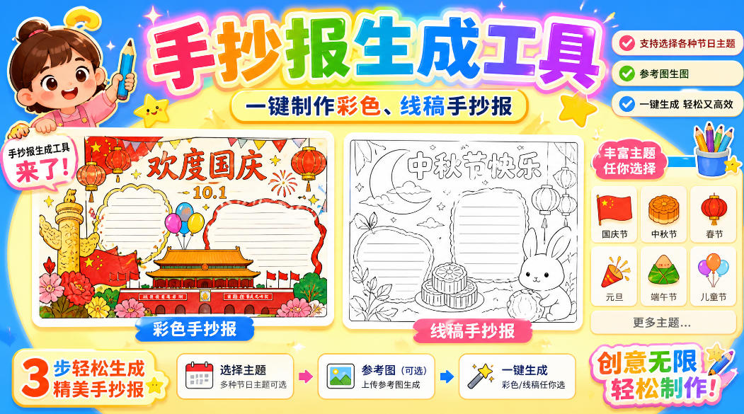 手抄报批量生成工具来了，完全免费，告别豆包生图，高清无水印-AI学习-副业网赚项目-自媒体运营-AI创作提示词-短视频玩法-AI技能提升野草AI资源学习网