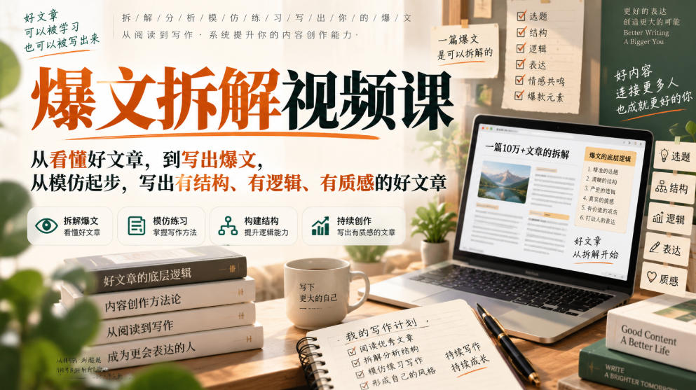 爆文拆解视频课，从看懂好文章，到写出爆文，从模仿起步，写出有结构、有逻辑、有质感的好文章-AI学习-副业网赚项目-自媒体运营-AI创作提示词-短视频玩法-AI技能提升野草AI资源学习网