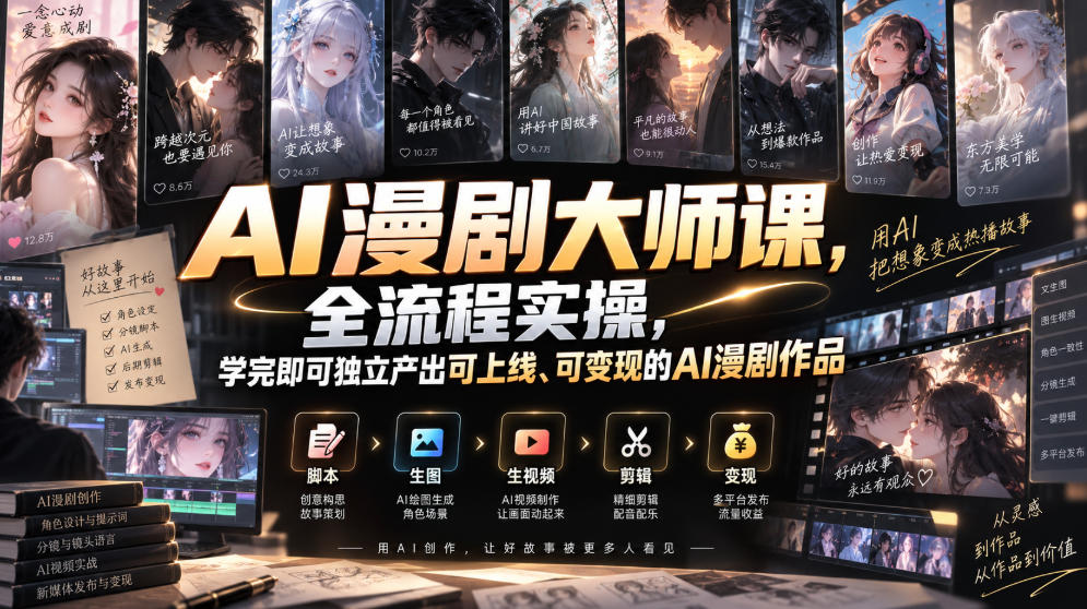 AI漫剧大师课,全流程实操,学完即可独立产出可上线、可变现的AI漫剧作品-AI学习-副业网赚项目-自媒体运营-AI创作提示词-短视频玩法-AI技能提升野草AI资源学习网