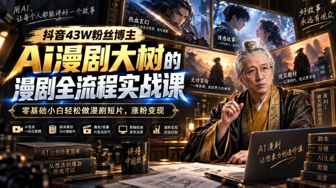 抖音43W粉丝博主Ai漫剧大树:【漫剧制作全流程实战】课,零基础小白轻松做漫剧短片,涨粉变现-AI学习-副业网赚项目-自媒体运营-AI创作提示词-短视频玩法-AI技能提升野草AI资源学习网