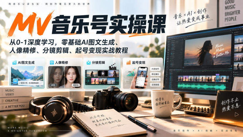 AI MV音乐号实操课,从0-1深度学习,零基础AI图文生成、人像精修、分镜剪辑、起号变现实战教程-AI学习-副业网赚项目-自媒体运营-AI创作提示词-短视频玩法-AI技能提升野草AI资源学习网