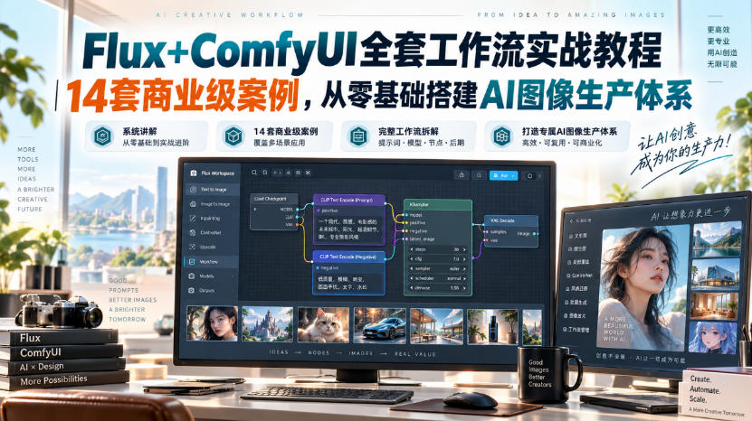 Flux+ComfyUI全套工作流实战教程|14套商业级案例,从零基础搭建AI图像生产体系-AI学习-副业网赚项目-自媒体运营-AI创作提示词-短视频玩法-AI技能提升野草AI资源学习网