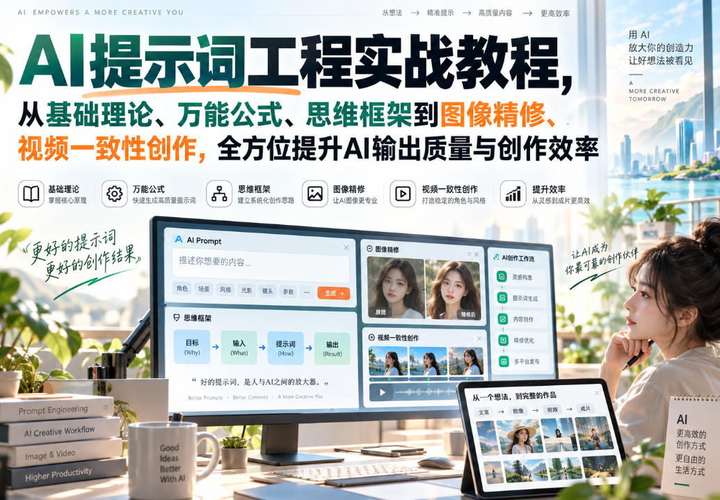 AI提示词工程实战教程,从基础理论、万能公式、思维框架到图像精修、视频一致性创作,全方位提升AI输出质量与创作效率-AI学习-副业网赚项目-自媒体运营-AI创作提示词-短视频玩法-AI技能提升野草AI资源学习网