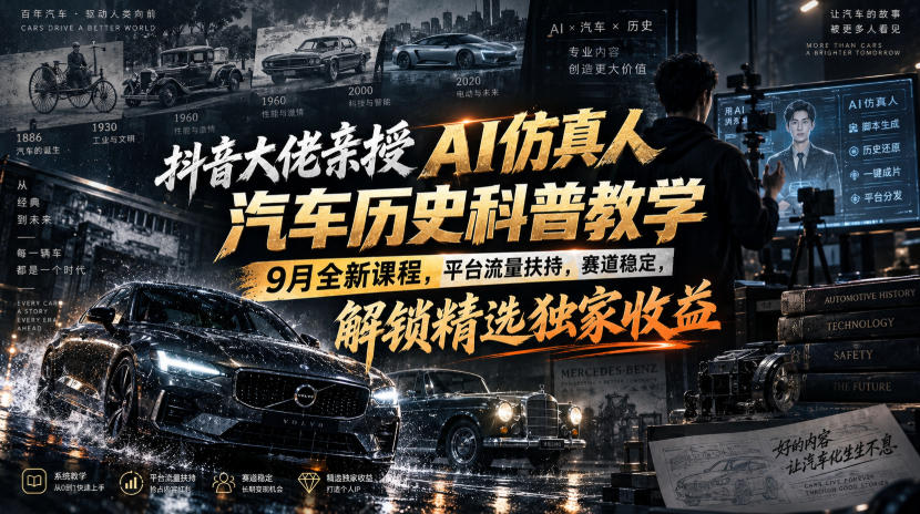 抖音大佬亲授:【AI仿真人汽车历史科普】教学,9月全新课程,平台流量扶持,赛道稳定,解锁精选独家收益-AI学习-副业网赚项目-自媒体运营-AI创作提示词-短视频玩法-AI技能提升野草AI资源学习网