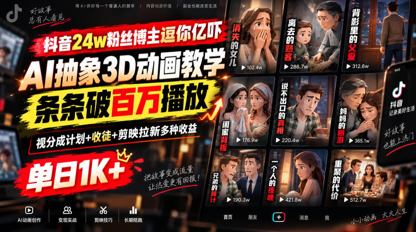 抖音24w粉丝博主逗你亿吓:【AI抽象3D动画】教学,条条破百万播放,分成计划+收徒+剪映拉新多种收益,单日1K+-AI学习-副业网赚项目-自媒体运营-AI创作提示词-短视频玩法-AI技能提升野草AI资源学习网