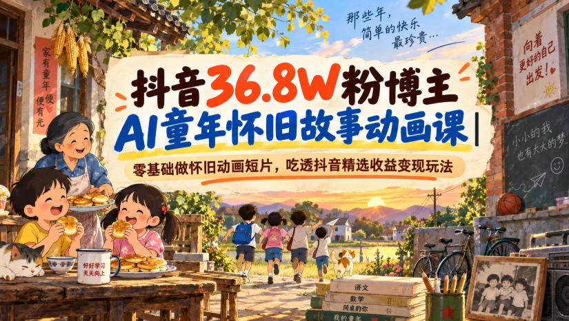 抖音36.8W粉博主:【AI童年怀旧故事动画】课,零基础做怀旧动画短片,吃透抖音精选收益变现玩法-AI学习-副业网赚项目-自媒体运营-AI创作提示词-短视频玩法-AI技能提升野草AI资源学习网