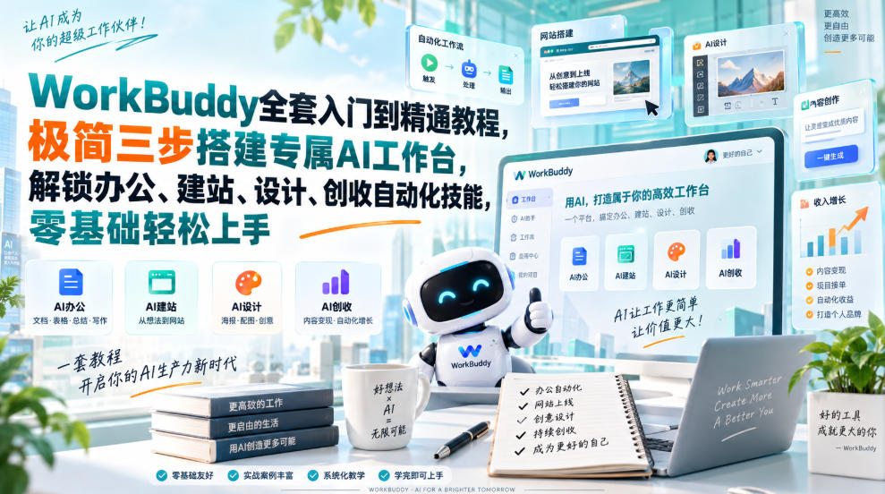 WorkBuddy全套入门到精通教程,极简三步搭建专属AI工作台,解锁办公、建站、设计、创收自动化技能,零基础轻松上手-AI学习-副业网赚项目-自媒体运营-AI创作提示词-短视频玩法-AI技能提升野草AI资源学习网
