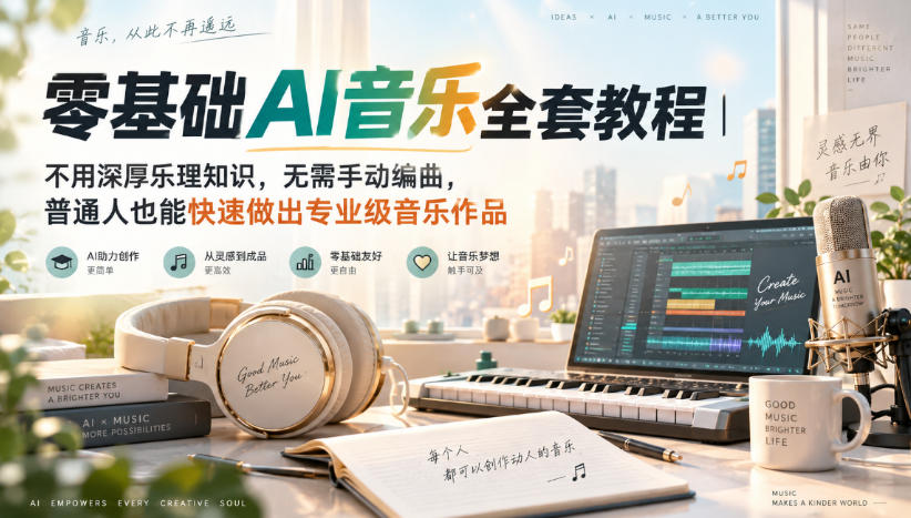 零基础AI音乐全套教程|不用深厚乐理知识,无需手动编曲,普通人也能快速做出专业级音乐作品-AI学习-副业网赚项目-自媒体运营-AI创作提示词-短视频玩法-AI技能提升野草AI资源学习网
