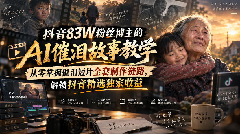 抖音83W粉丝博主:【AI催泪故事】教学,从零掌握催泪短片全套制作链路,解锁抖音精选独家收益-AI学习-副业网赚项目-自媒体运营-AI创作提示词-短视频玩法-AI技能提升野草AI资源学习网