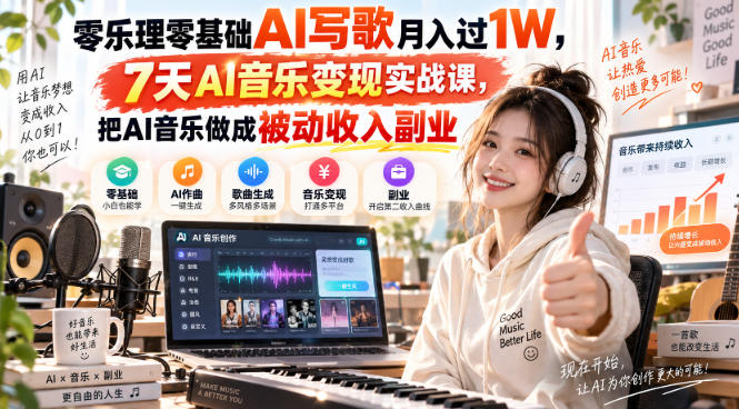 麒老板:AI写歌月入过1W,7天AI音乐变现实战课,把AI音乐做成被动收入副业-AI学习-副业网赚项目-自媒体运营-AI创作提示词-短视频玩法-AI技能提升野草AI资源学习网