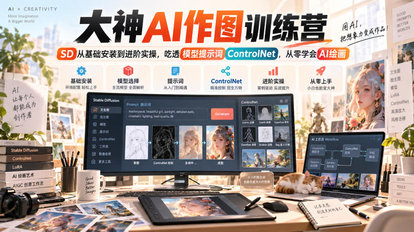 大神AI作图训练营,SD从基础安装到进阶实操,吃透模型提示词ControlNet,从零学会AI绘画-AI学习-副业网赚项目-自媒体运营-AI创作提示词-短视频玩法-AI技能提升野草AI资源学习网