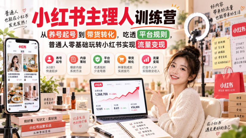 小红书主理人训练营,从养号起号到带货转化,吃透平台规则,普通人零基础玩转小红书实现流量变现-AI学习-副业网赚项目-自媒体运营-AI创作提示词-短视频玩法-AI技能提升野草AI资源学习网