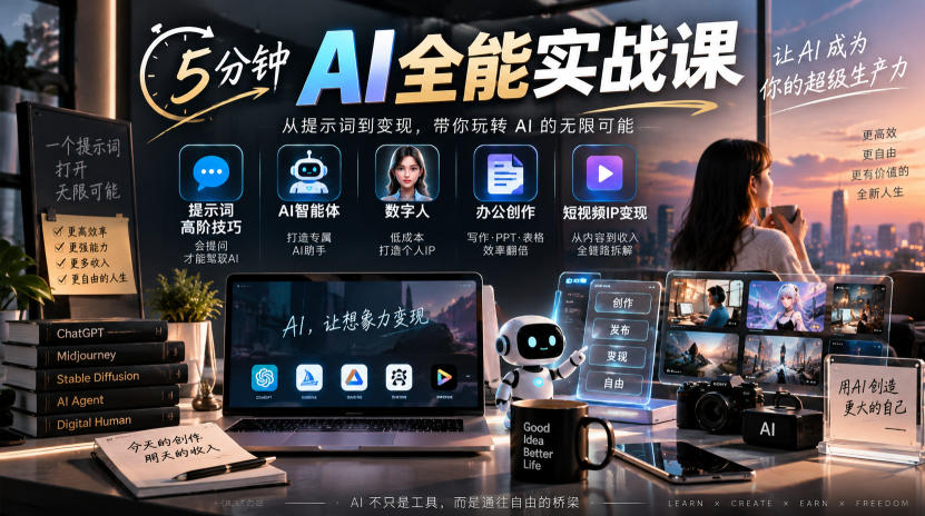 5分钟AI全能实战课:提示词高阶技巧+AI智能体+数字人+办公创作+短视频IP变现全教程-AI学习-副业网赚项目-自媒体运营-AI创作提示词-短视频玩法-AI技能提升野草AI资源学习网
