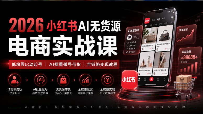 2026小红书AI无货源电商实战课|低粉零启动起号|AI批量做号带货全链路变现教程-AI学习-副业网赚项目-自媒体运营-AI创作提示词-短视频玩法-AI技能提升野草AI资源学习网