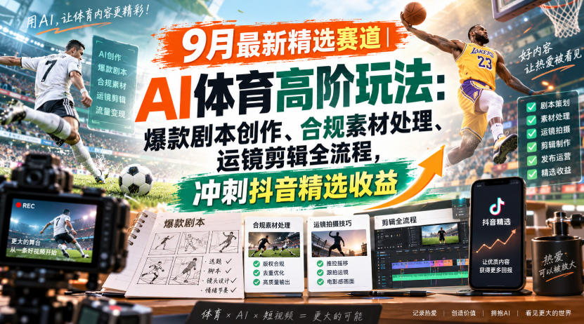 某大佬:9月最新精选赛道【AI体育】顶级玩法,爆款剧本创作、版权规避、运镜剪辑全流程-AI学习-副业网赚项目-自媒体运营-AI创作提示词-短视频玩法-AI技能提升野草AI资源学习网