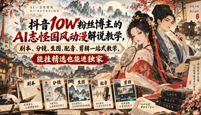 抖音10W粉丝博主：【AI志怪国风动漫】解说教学，剧本、分镜、生图、配音、剪辑一站式教学，能挂精选也能进独家-AI学习-副业网赚项目-自媒体运营-AI创作提示词-短视频玩法-AI技能提升野草AI资源学习网