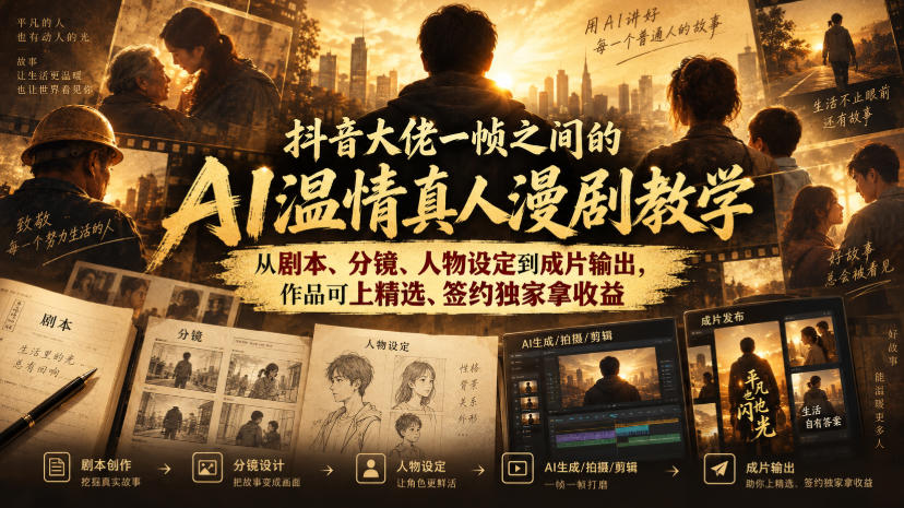 抖音大佬一帧之间：【AI温情真人漫剧】教学，从剧本、分镜、人物设定到成片输出，上精选、签约独家拿收益-AI学习-副业网赚项目-自媒体运营-AI创作提示词-短视频玩法-AI技能提升野草AI资源学习网