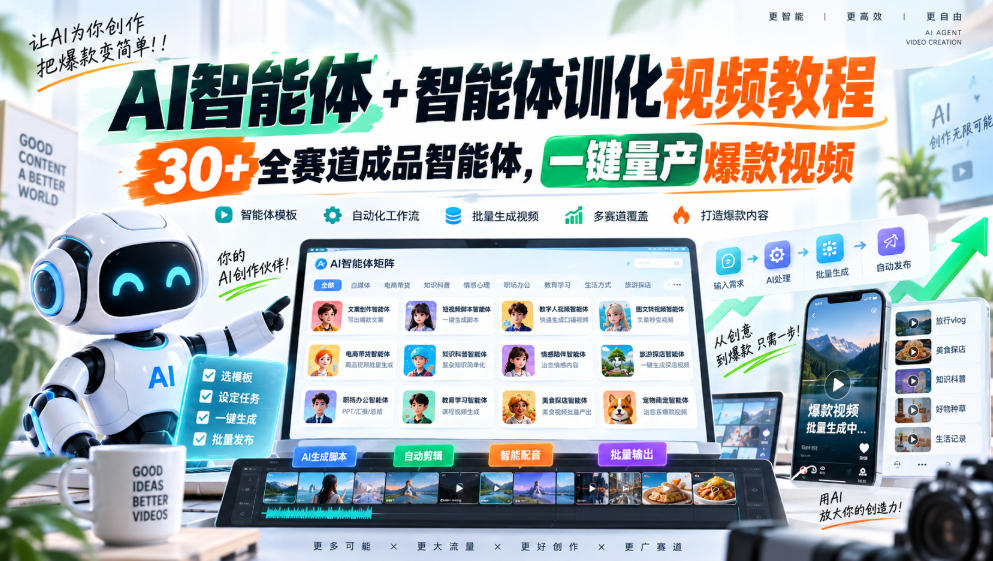 AI智能体+智能体训化视频教程,30+全赛道成品智能体,一键量产爆款视频-AI学习-副业网赚项目-自媒体运营-AI创作提示词-短视频玩法-AI技能提升野草AI资源学习网
