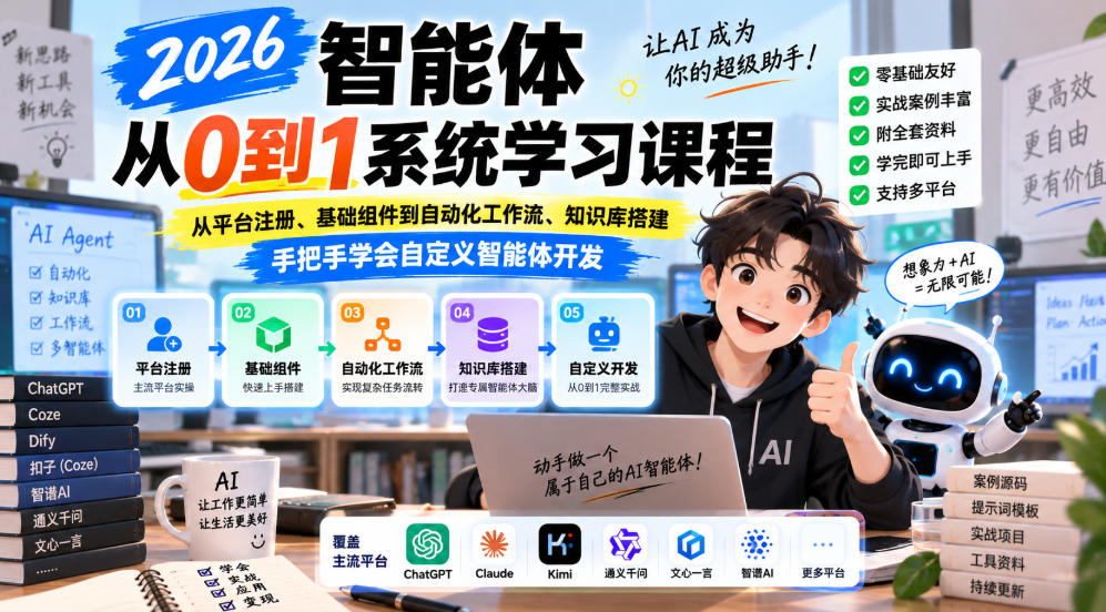 2026智能体从0到1系统学习课程,从平台注册、基础组件到自动化工作流、知识库搭建,手把手学会自定义智能体开发-AI学习-副业网赚项目-自媒体运营-AI创作提示词-短视频玩法-AI技能提升野草AI资源学习网