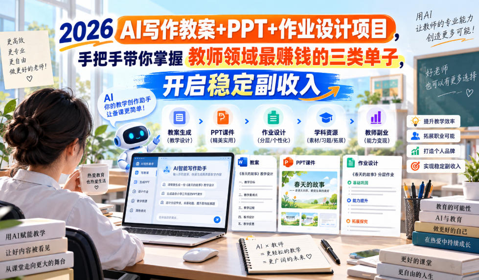 2026 AI写作教案+PPT+作业设计项目,手把手带你掌握教师领域最賺钱的三类单子,开启稳定副收入-AI学习-副业网赚项目-自媒体运营-AI创作提示词-短视频玩法-AI技能提升野草AI资源学习网