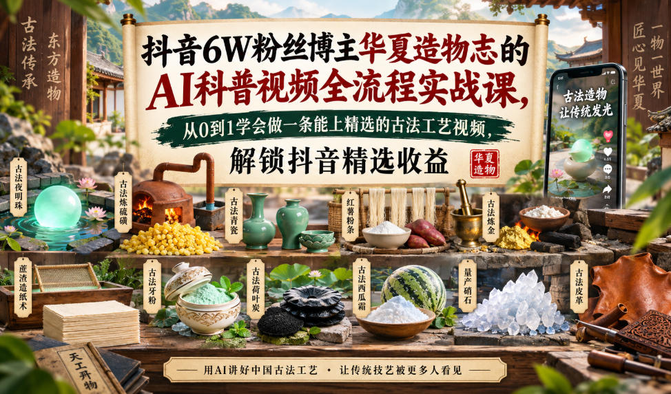 抖音6W粉丝博主华夏造物志:【AI科普】视频全流程实战课,从0到1学会做一条能上精选的古法工艺视频,解锁抖音精选收益-AI学习-副业网赚项目-自媒体运营-AI创作提示词-短视频玩法-AI技能提升野草AI资源学习网