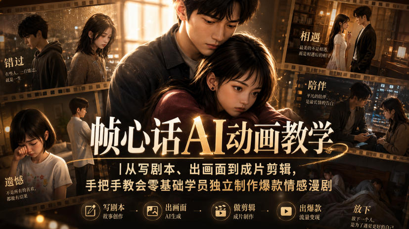 帧心话：AI动画教学，从写剧本、出画面到成片剪辑，手把手教会零基础学员独立制作爆款情感漫剧-AI学习-副业网赚项目-自媒体运营-AI创作提示词-短视频玩法-AI技能提升野草AI资源学习网